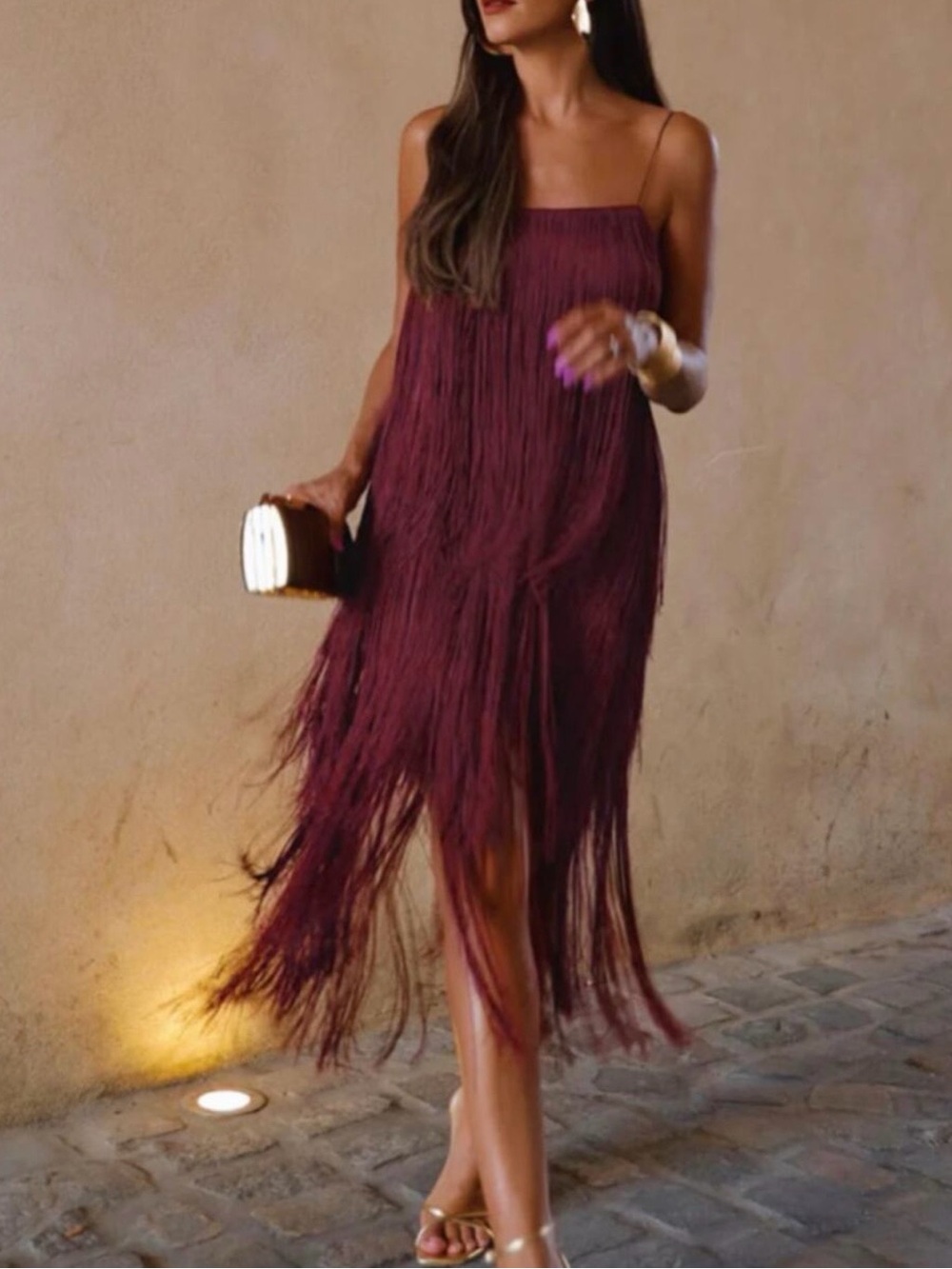 Commence Fringe Slip Dress in Burgundy - Elegant Women's Party Dress